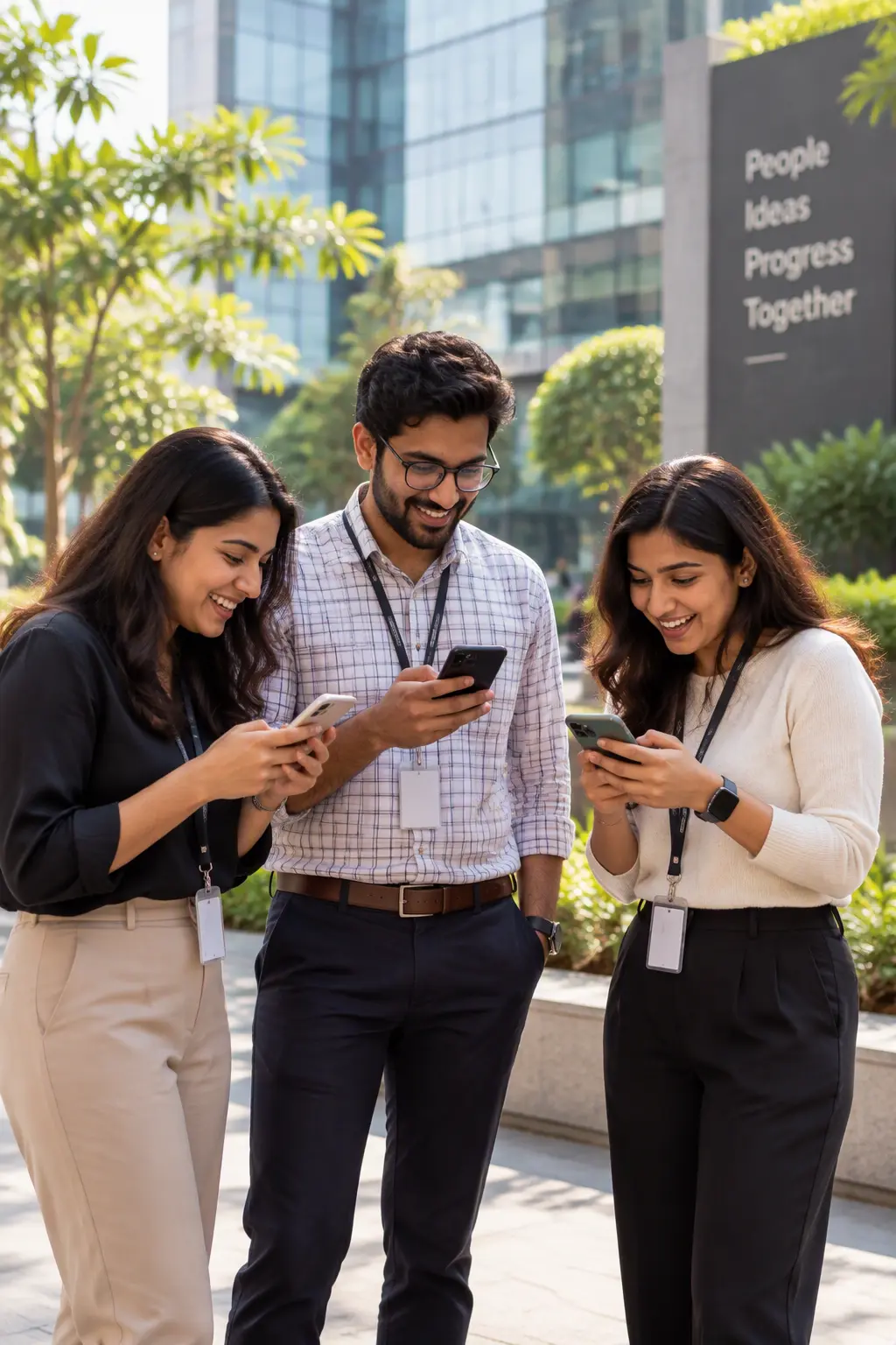 Employees reading a company announcement on their phones in an office